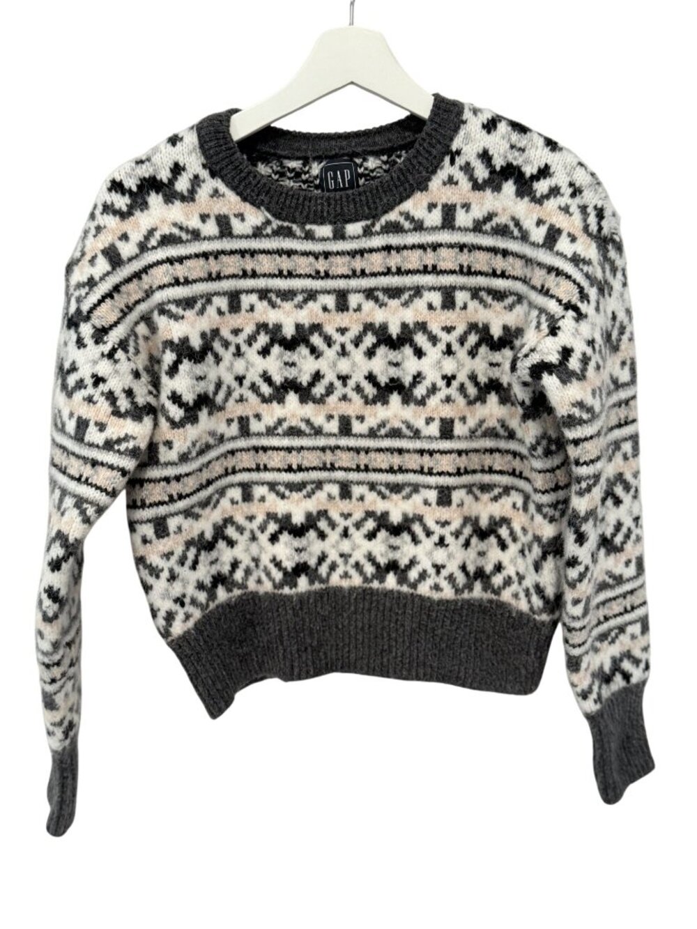 GAP Fair Isle Crewneck Sweater XS Gray White Cozy Knit